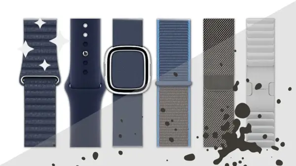 Verschiedene Apple Watch Armbänder in Blau- und Grautönen, bereit für das apple watch armband reinigen. Glänzende Sterne deuten auf Sauberkeit hin.