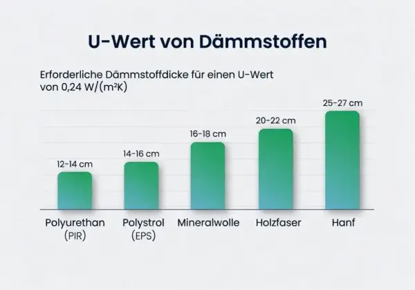 Balkendiagramm zeigt, wie dick Dämmstoffe für einen guten U-Wert am Dach sein müssen. Hanf benötigt die größte Dicke.