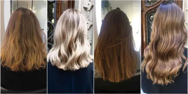 Cuatro estilos de cabello con mechas woodlights, desde rubio platino hasta castaño cálido, mostrando la versatilidad de esta técnica.