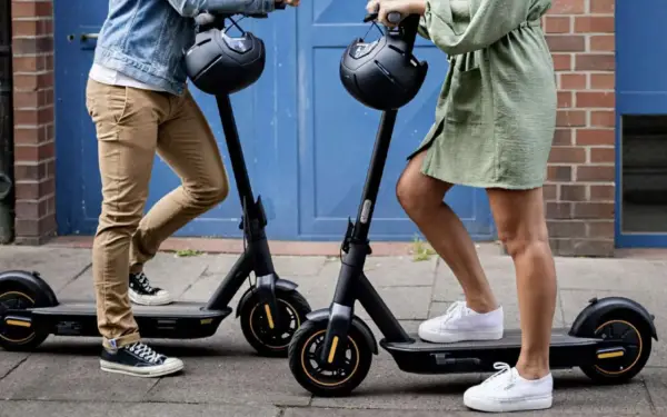 Apprenez comment utiliser une trottinette électrique pour vos déplacements urbains. Deux personnes se tiennent prêtes à partir.