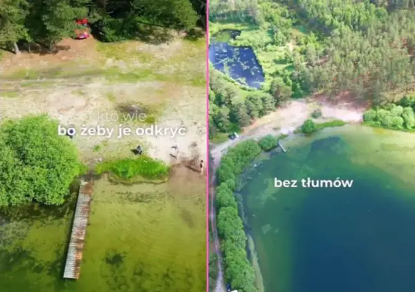 Dwa ujęcia Mazur: z lewej piaszczysta plaża i pomost, z prawej zielone jezioro, najczystsze jezioro na Mazurach, bez tłumów.