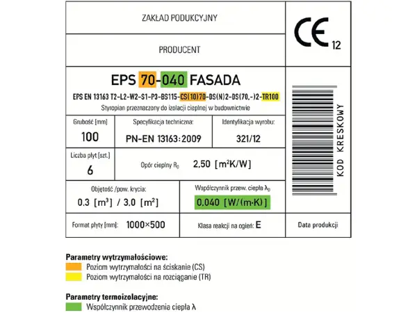 Etykieta produktu EPS 70-040 FASADA, styropian do izolacji cieplnej, grubość 100 mm, współczynnik przewodzenia ciepła 0,040 W/(m·K).