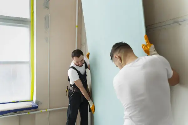 Dwóch budowlańców montuje płytę gipsowo-kartonową. Prace przy zakończeniu płyty gk idą sprawnie.