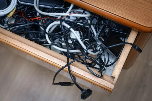 Szuflada pełna plątaniny kabli, ładowarek i urządzeń elektronicznych.