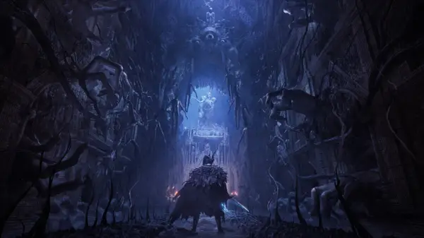 Mroczna, gotycka sceneria z gry Lords of the Fallen. Postać w płaszczu z piór stoi przed ołtarzem, otoczona przez wiszące, groteskowe istoty i gigantyczne oczy.