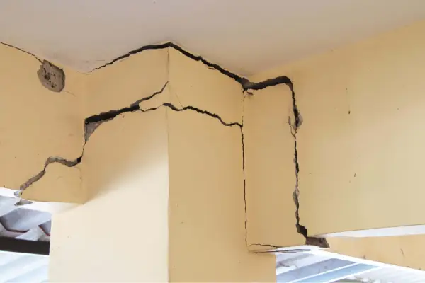 Détail d'une **micro fissure maison** sur un coin de mur en béton, révélant la structure interne.