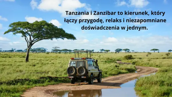 Samochód terenowy na drodze w afrykańskiej sawannie, z akacjami w tle.
