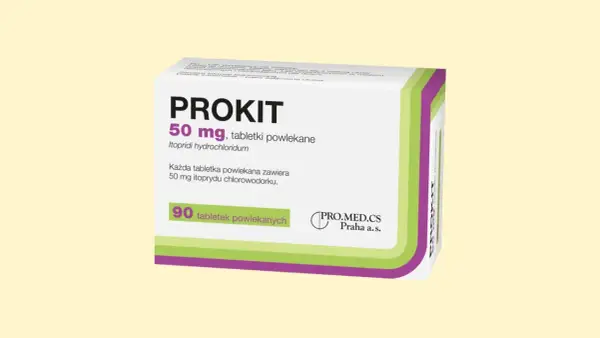 Prokit 50 mg, tabletki powlekane. Lek na problemy żołądkowe, zawiera itoprydu chlorowodorek. Opakowanie 90 tabletek.