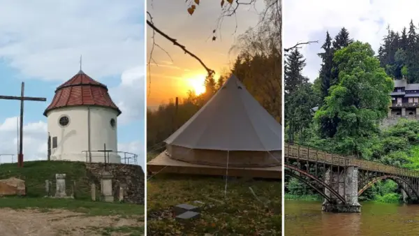 Romantyczne miejsca Dolny Śląsk: kapliczka na wzgórzu, namiot glampingowy o zachodzie słońca, zabytkowy most nad rzeką.