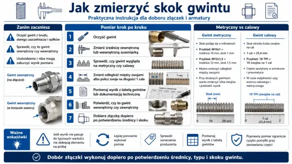Instrukcja pomiaru skoku gwintu: od oczyszczenia, przez pomiar suwmiarką, po porównanie z tabelą. Kluczowy jest skok śruby.
