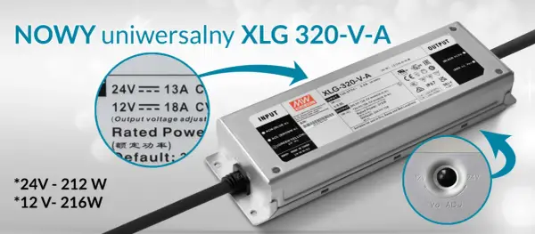 Uniwersalny zasilacz 12v 40w XLG 320-V-A, z możliwością regulacji napięcia wyjściowego, idealny do zastosowań w suchych, wilgotnych i mokrych miejscach.