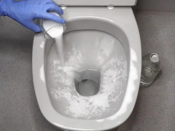 Rękawiczka w niebieskiej rękawiczce wsypuje proszek do muszli klozetowej, rozpoczynając czyszczenie muszli klozetowej.