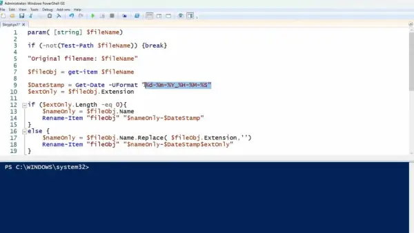 Fragment kodu PowerShell z kursu, który dodaje datę do nazwy pliku.