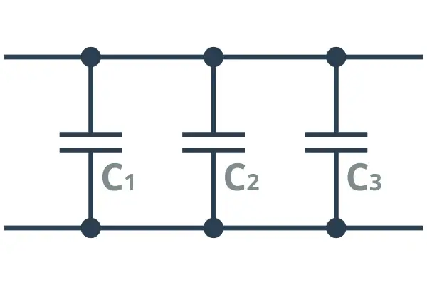 Schemat obwodu elektrycznego z trzema kondensatorami C1, C2, C3 połączonymi równolegle.