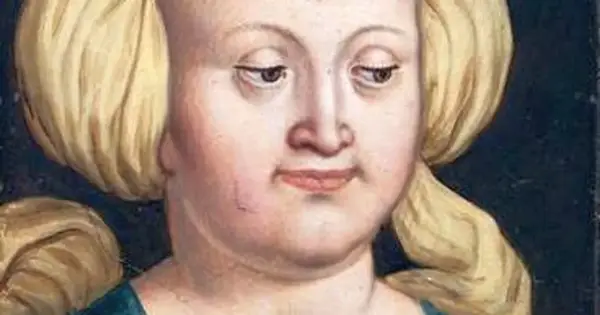 Portret Elżbiety Rakuszanki, która z dumą spogląda na swoich wnuków. Jej blond włosy są upięte w charakterystyczne koki.