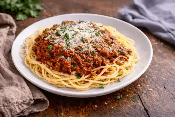 Pyszne spaghetti bolognese, idealne na prosty obiad. Makaron z bogatym sosem mięsnym, posypany parmezanem i natką pietruszki.