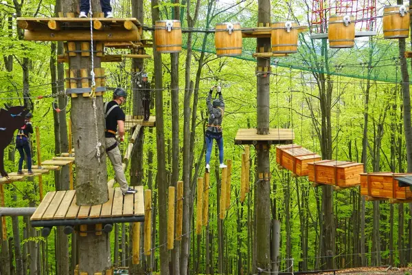 Park linowy w lesie, pełen drewnianych platform i przeszkód. Wśród zieleni widać ludzi pokonujących trasy, szukających wrażeń i **równica atrakcje**.