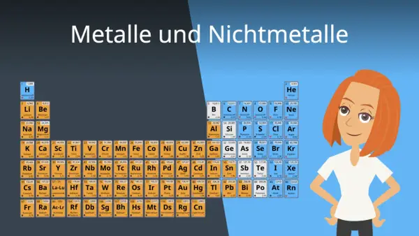 Eine Frau steht vor dem Periodensystem, das Metalle und Nichtmetalle zeigt.