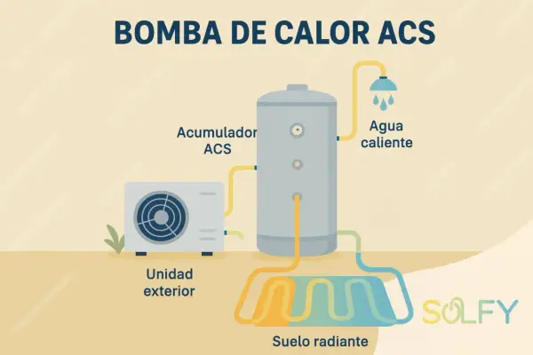 Diagrama de una bomba de calor para agua caliente sanitaria (ACS). Muestra una unidad exterior, un acumulador ACS y un sistema de suelo radiante.