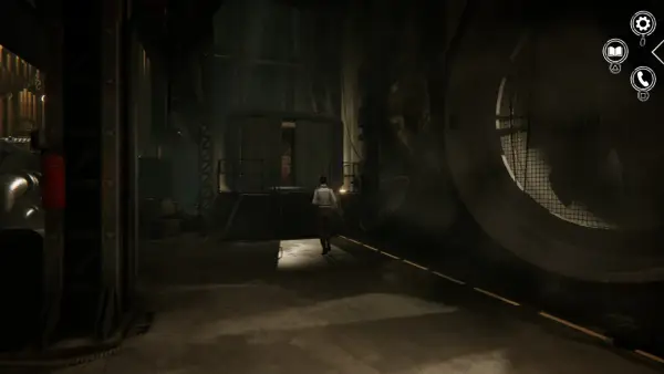 Kate Walker wchodzi do mrocznego, industrialnego pomieszczenia. Ten widok to fragment poradnika do Syberia 2.