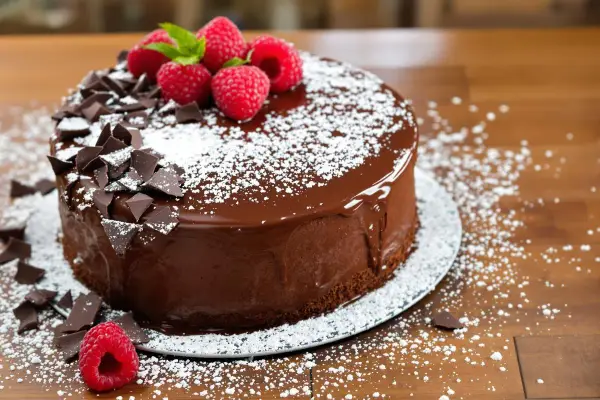 Un délicieux cake au chocolat, nappé de glaçage brillant, décoré de framboises fraîches, de copeaux de chocolat et saupoudré de sucre glace.