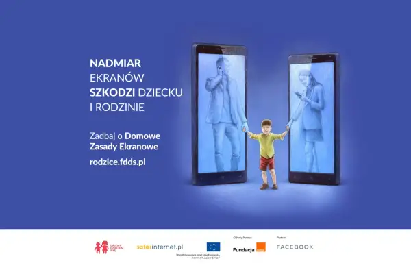 Nadmiar ekranów szkodzi dziecku i rodzinie. Chłopiec trzyma za ręce rodziców uwięzionych w smartfonach.