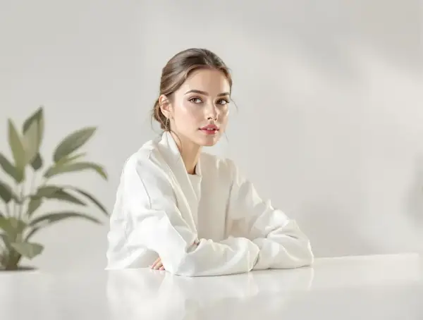 Elegancka kobieta w białej marynarce, siedząca przy stole. Jasne, minimalistyczne tło. To idealny przykład high key fotografii.