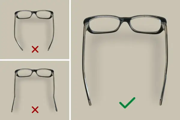 Jak wyprostować okulary: porównanie wygiętych zauszników (krzyżyki) z prostymi (ptaszek).