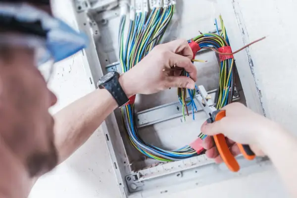 Elektryk pracuje nad prostą instalacją elektryczną, przycinając kolorowe przewody w skrzynce rozdzielczej.