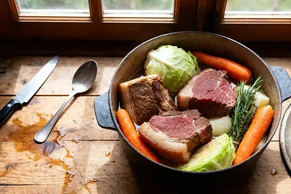 Une cocotte de potee au chou avec des morceaux de bœuf, des carottes, des oignons et des herbes, prête à mijoter.