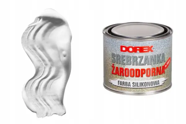 Srebrzanka żaroodporna DOREX w puszce, obok próbka białej farby silikonowej.