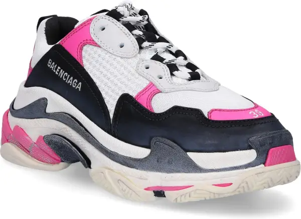 Stylowe balenciaga triple s damskie w kolorze białym, czarnym i różowym.