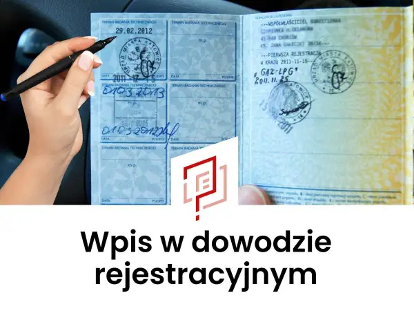 Ręka z długopisem nad dowodem rejestracyjnym. Wpis w dowodzie rejestracyjnym, gaz-lpg, data 2011.11.25.
