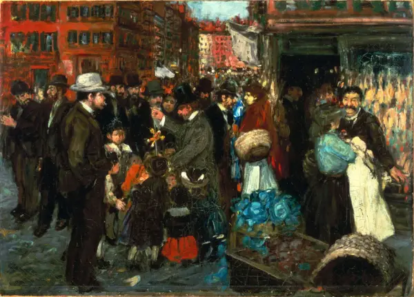 Scène de rue animée, peut-être une procession, peinte par un peintre américain du 20ème siècle. Des foules, des bâtiments et des détails colorés.