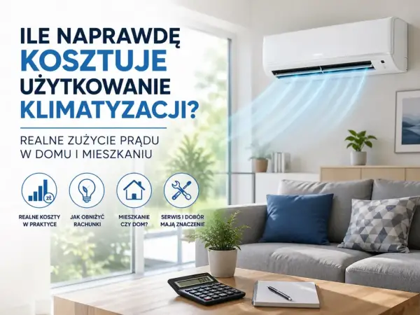 Ile naprawdę kosztuje klimatyzacja? Obraz przedstawia salon z działającą klimatyzacją, kalkulator i notatnik, sugerując analizę kosztów.