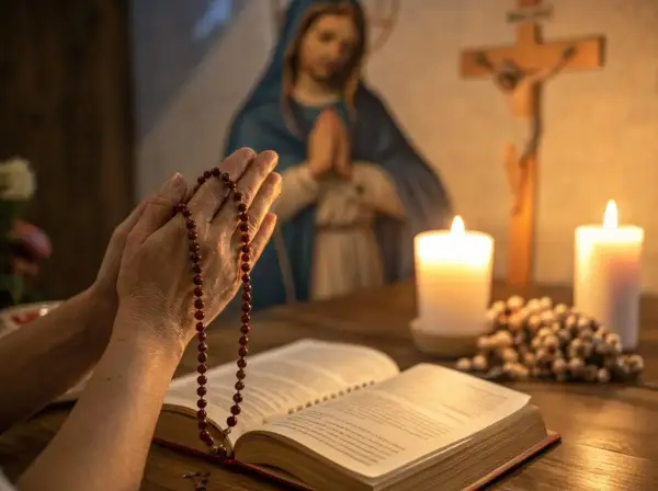 Dłonie trzymające różaniec, modlitwa o pracę. W tle figura Matki Boskiej, krzyż i świece.