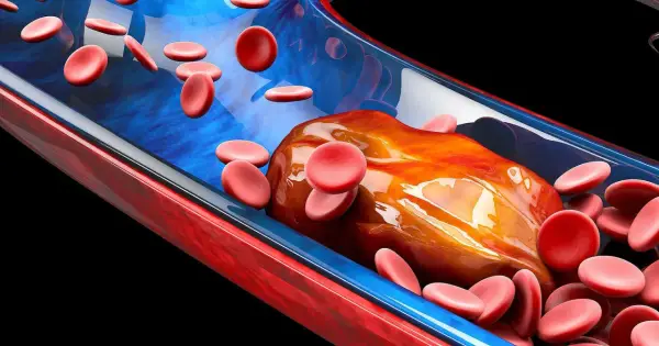 Rote Blutkörperchen umgeben einen großen Thrombus in einem Blutgefäß. Der Thrombus behindert den normalen Blutfluss und kann den Puls beeinflussen.