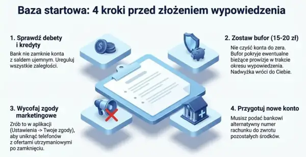Wniosek o zamknięcie konta bankowego wzór: 4 kroki przed wypowiedzeniem. Sprawdź debety, zostaw bufor, wycofaj zgody marketingowe i przygotuj nowe konto.