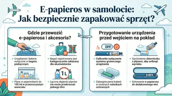 Informacje o przewożeniu e-papierosa w samolocie: urządzenie i baterie w bagażu podręcznym, płyny do 100 ml, zakaz akumulatorów w rejestrowanym. Ile paczek papierosów można przewieźć samolotem? Brak informacji.