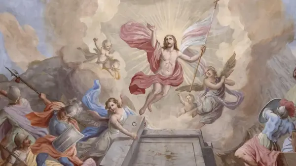 Auferstehung Christi, der Grund für Ostern. Engel und Soldaten sind Zeugen des glorreichen Aufstiegs.