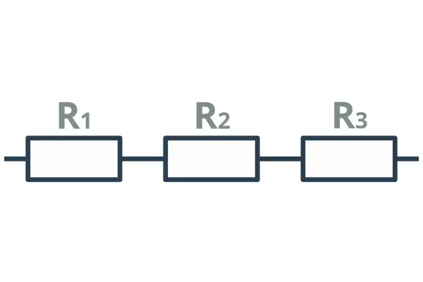 Schemat obwodu elektrycznego z trzema rezystorami R1, R2, R3 połączonymi szeregowo.