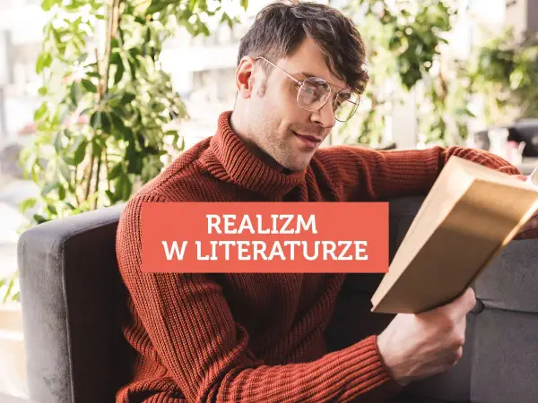 Mężczyzna w okularach czyta książkę o realizmie w literaturze, łącząc utopijny i realny obraz rzeczywistości.