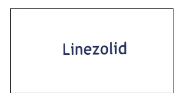 Niebieski napis "Linezolid" na białym tle. Linezolid to antybiotyk.