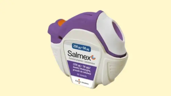 Fioletowo-biały inhalator Salmex, zawierający lek na astmę.