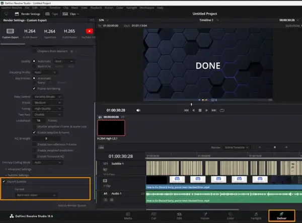 Ustawienia eksportu w DaVinci Resolve po polsku: zaznaczono opcję "Export Subtitle" i format "Burn into video".