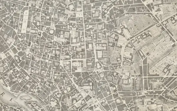 Stary plan zagospodarowania terenu z zaznaczonymi ulicami, placami i budynkami. Widać fragmenty Rzymu z epoki.