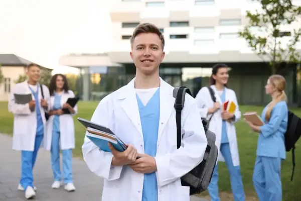 Uśmiechnięty student medycyny z książkami, gotowy na wyzwania studiów psychologicznych. Wymagania są wysokie, ale cel jest jasny.