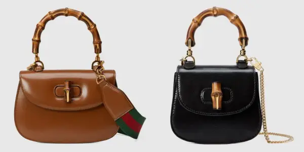 Dwie torebki Gucci z bambusowym uchwytem, symbolizujące bogatą historię rodziny Gucci. Brązowa z paskiem w paski, czarna z łańcuszkiem.
