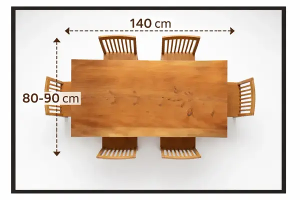 Vista aérea de mesa de comedor de madera con seis sillas. Muestra el espacio alrededor de la mesa, indicando 140 cm de largo y 80-90 cm de ancho.