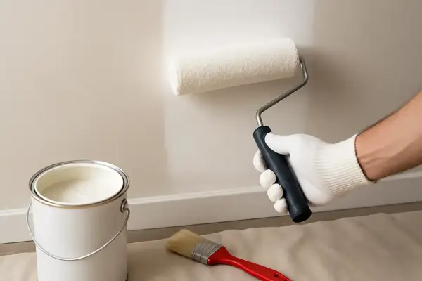 Main blanche avec rouleau et pot de peinture. Des traces de peinture murale apparaissent sur le mur.